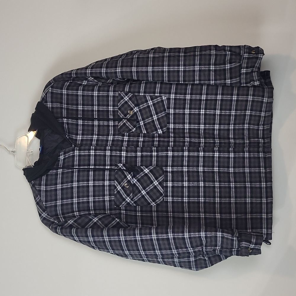 HIGHLAND OUTFITTERS Black Gray Flannel Quilted Interior Hooded Shacket w/Pockets